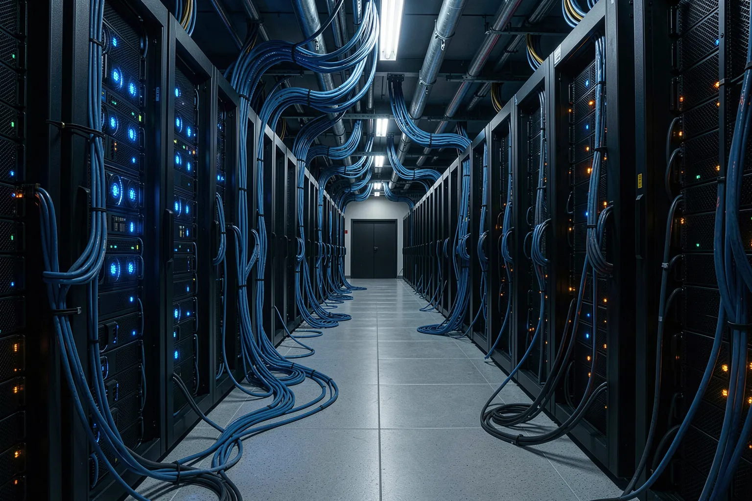 Rechenzentrum mit zwei Reihen GPU-Serverracks für verteilte KI-Inferenz