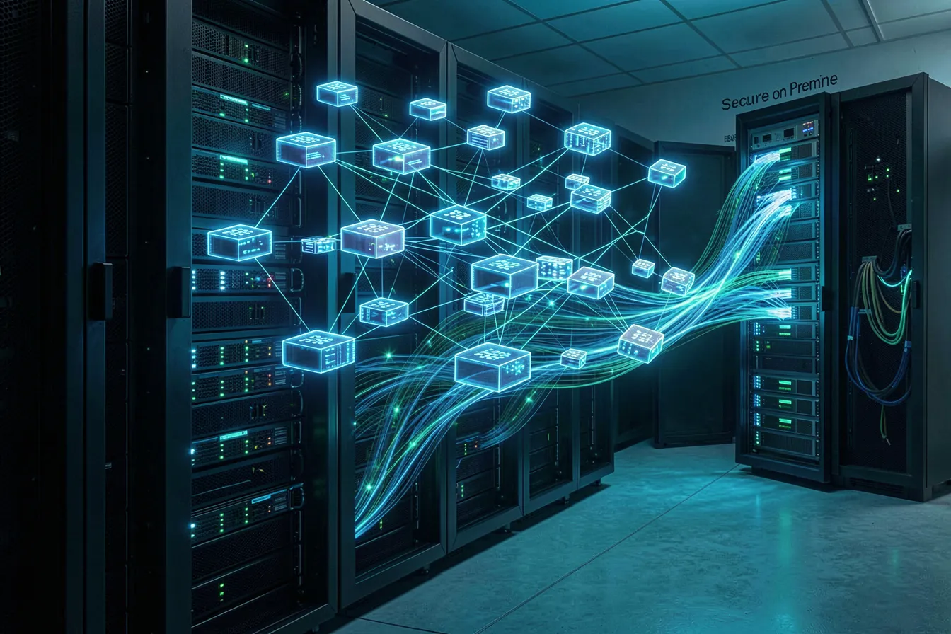 Visualisierung eines Datenbankschemas mit vernetzten Tabellen ueber einem On-Premise-Serverschrank