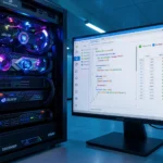 Serverschrank mit GPU-Hardware neben einem Monitor mit Datenbank-Abfrage-Dashboard