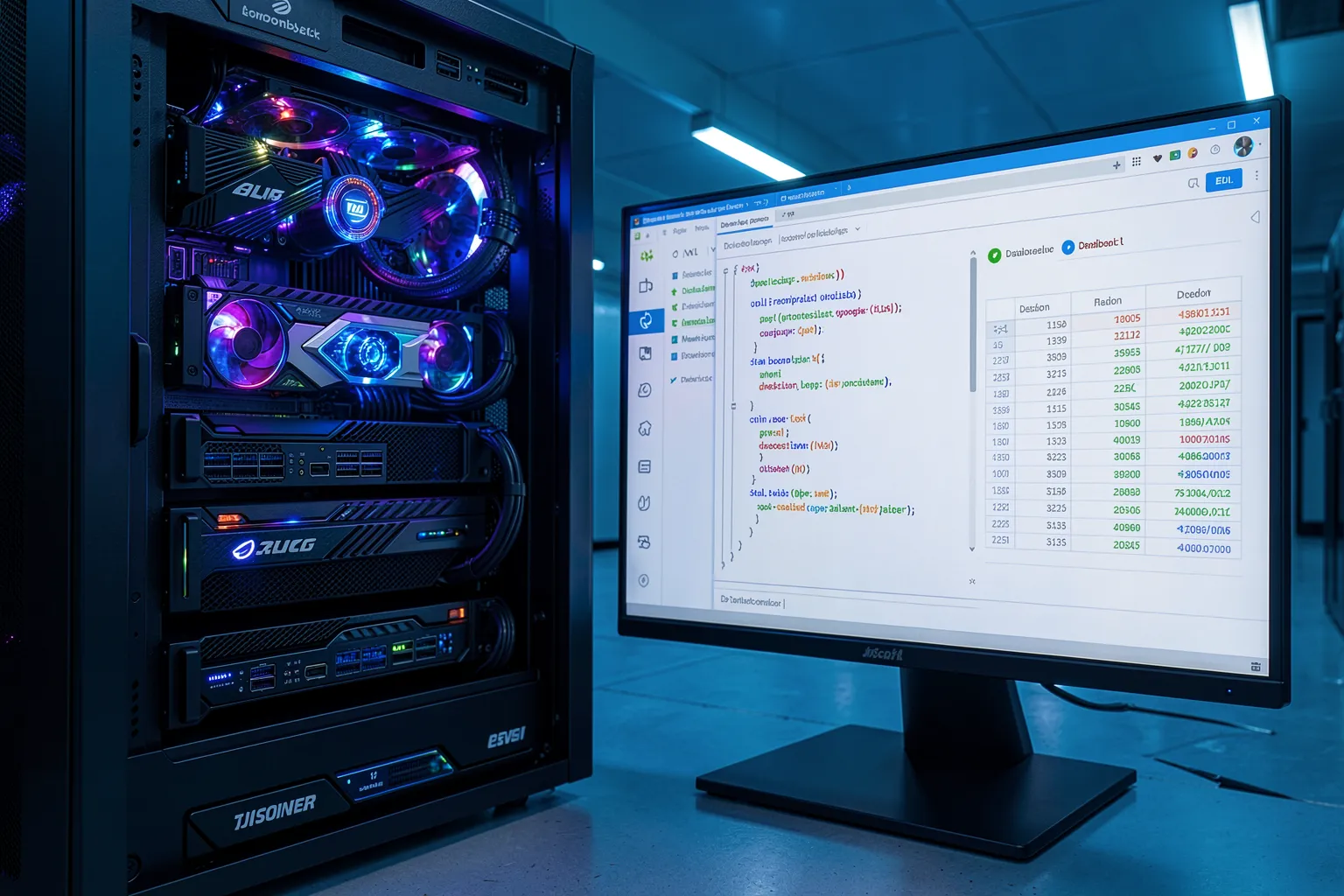 Serverschrank mit GPU-Hardware neben einem Monitor mit Datenbank-Abfrage-Dashboard