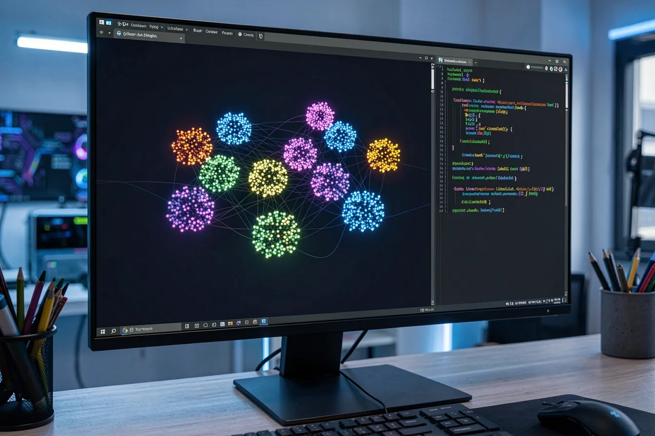 Visualisierung eines Embedding-Vektorraums mit farbigen Cluster neben einem Code-Editor