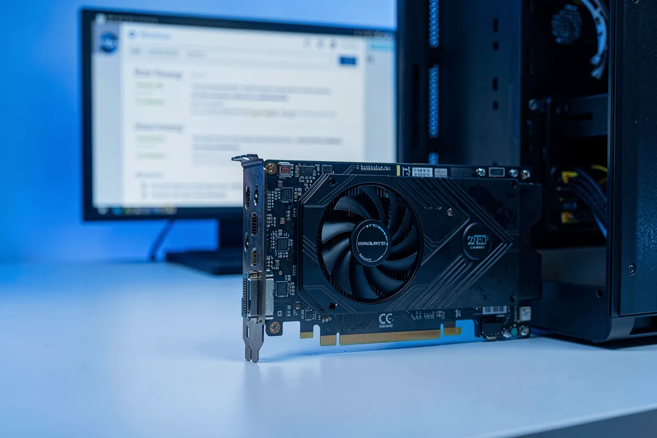 Mittelklasse-GPU auf einem Schreibtisch neben einem Server fuer selbst gehostete Embedding-Modelle