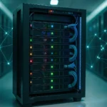 Serverschrank im Rechenzentrum mit abstrakter Vektorraum-Visualisierung